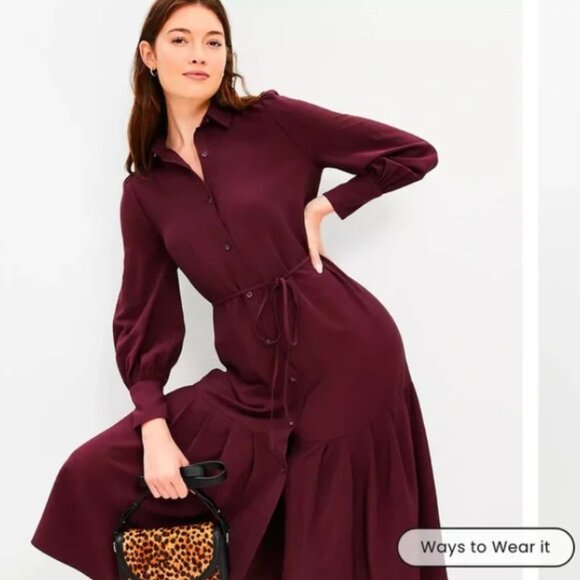 LOFT Burgundy Pleated Tie Waist Midi Shirtdress Size 6P NWT - Picture 2 of 10